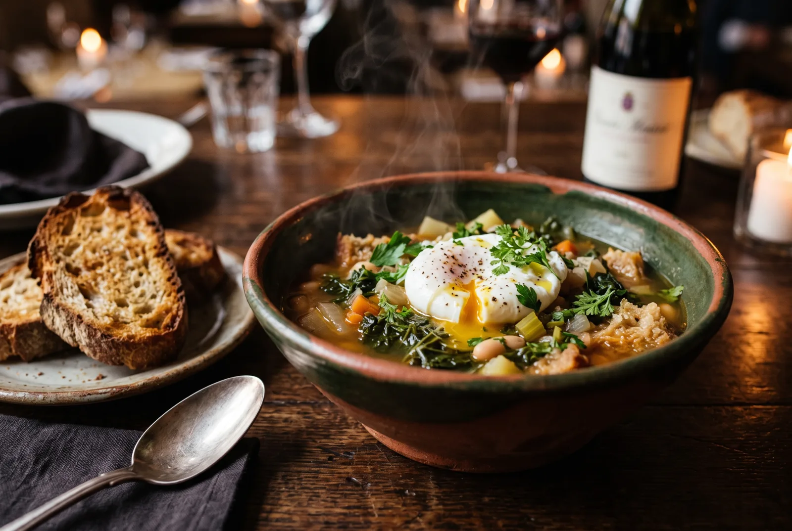 Acquacotta: zuppa di verdure con uovo in camicia e pane