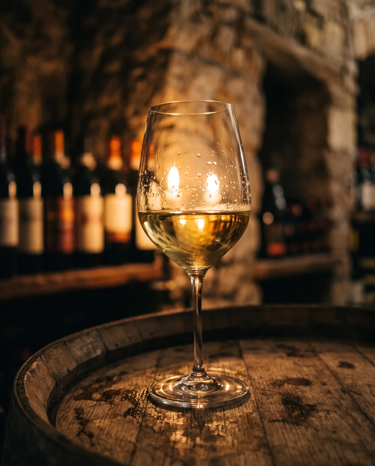 Un calice di bianco di Frascati nella cantina de Il Torchio, luce di candela