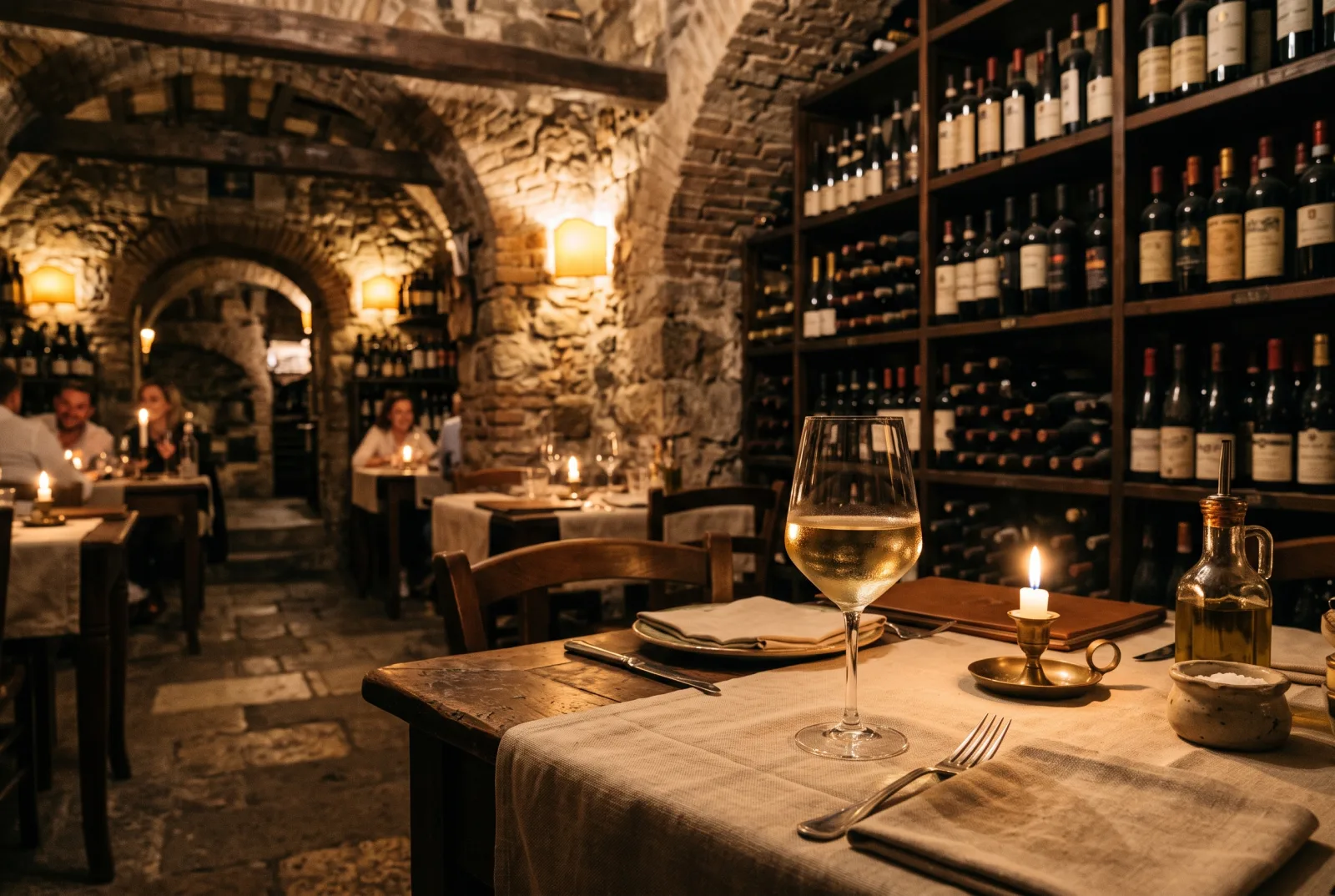 La sala-cantina de Il Torchio a Frascati, luce di candela e bottiglie